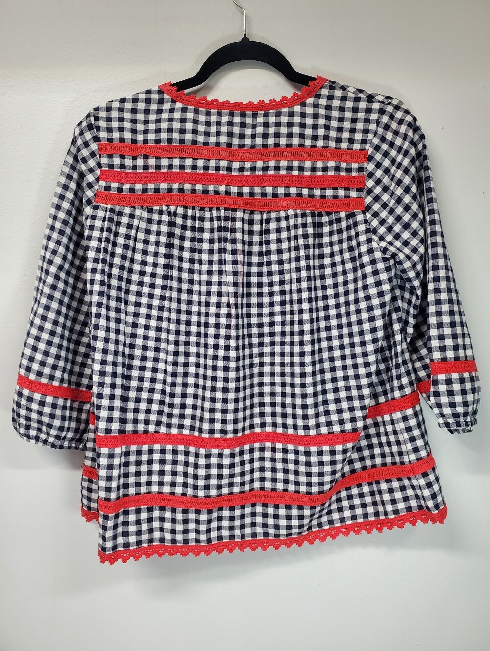 Boho Peasant Check Blouse Petite Medium Crown And Ivy 3/4 Length Tassle Top - Picture 2 of 8